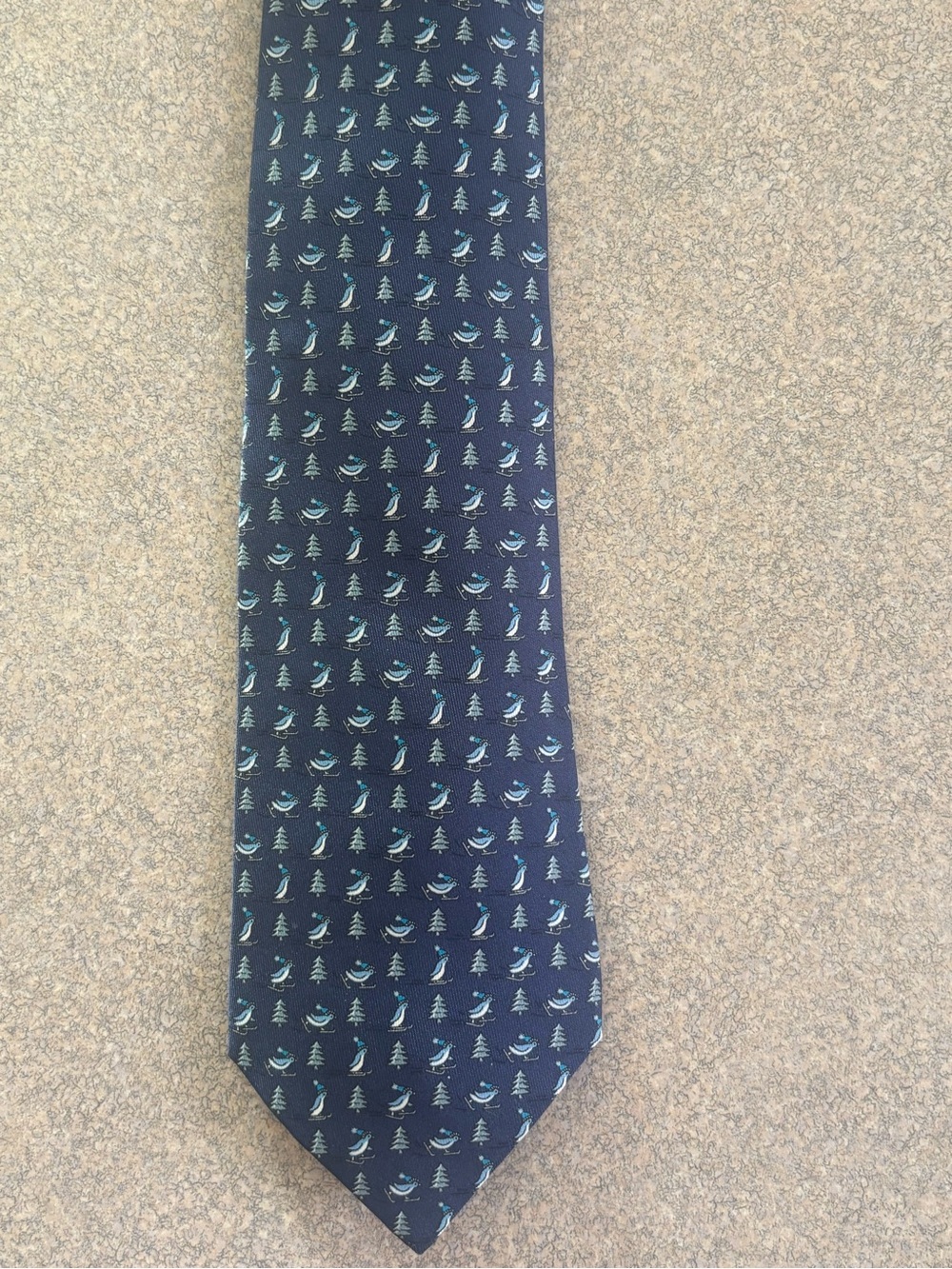 Hermes Navy Blue Silk Tie with Penguin Motif - Picture 3 of 5